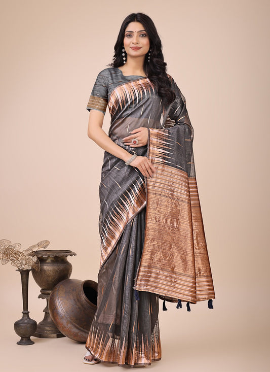 Weaving Zari Cotton Grey Contemporary Saree S15134
