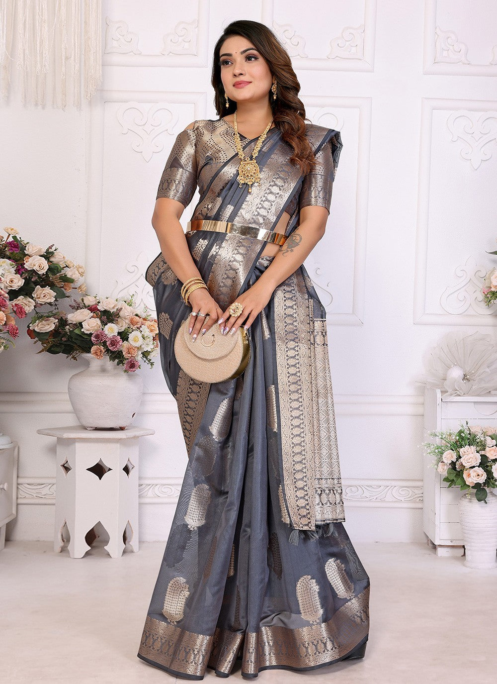 Weaving Zari Silk Grey Saree S14350