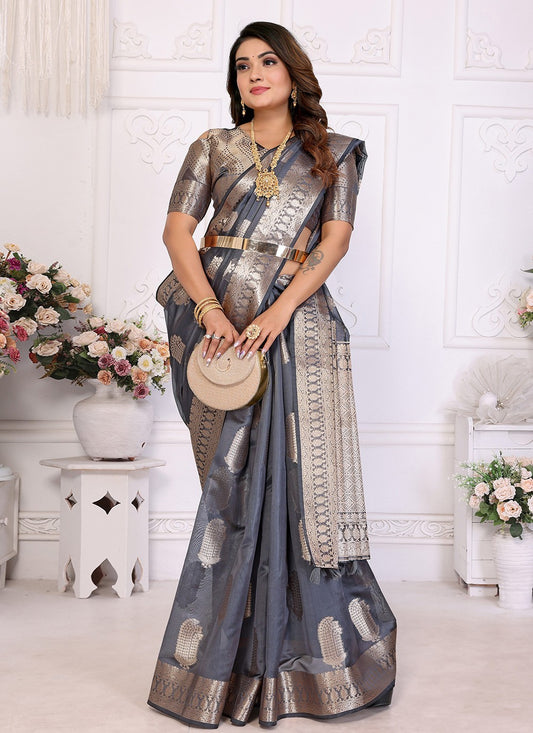 Weaving Zari Silk Grey Saree S14350