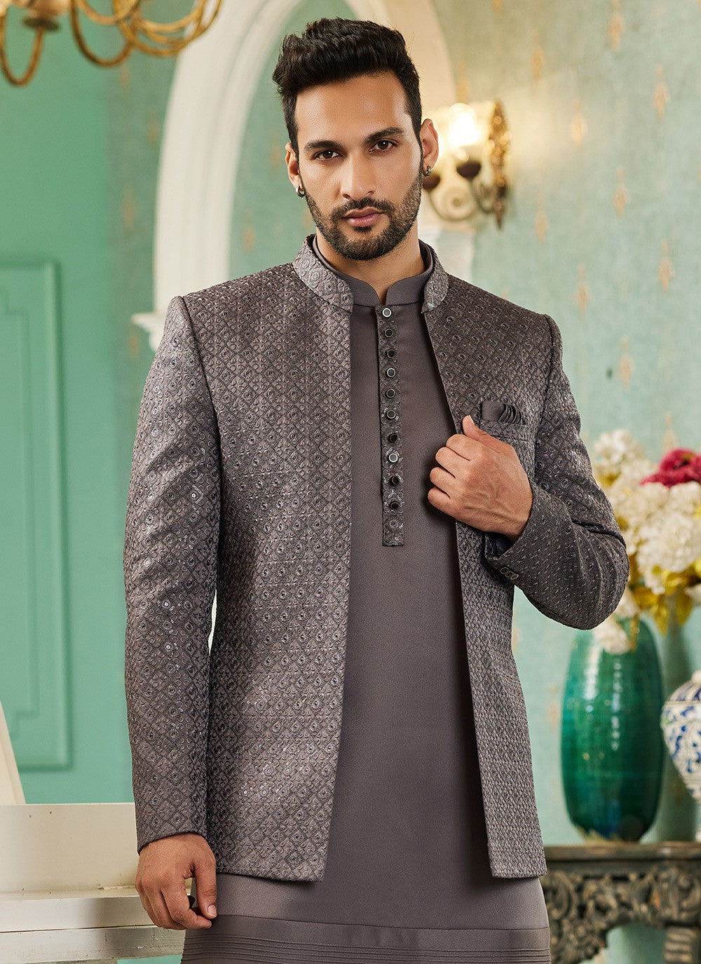 Machine Embroidery Art Silk Grey Indo Western - M6430