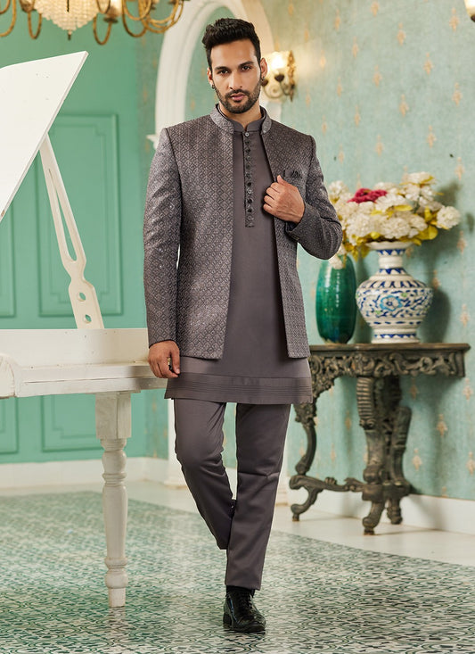 Machine Embroidery Art Silk Grey Indo Western - M6430