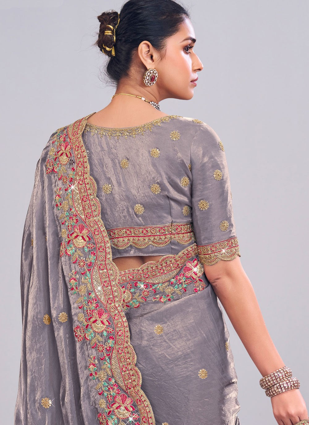 Grey Silk Contemporary Saree Fancy Work S19871