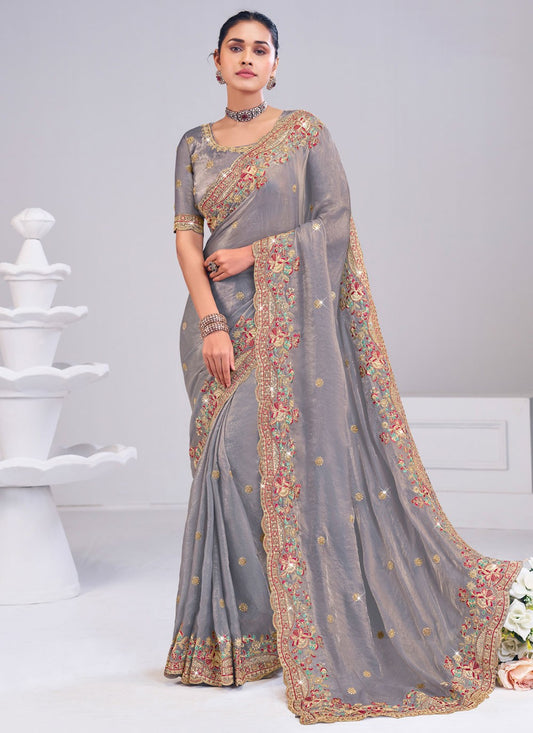 Grey Silk Contemporary Saree Fancy Work S19871