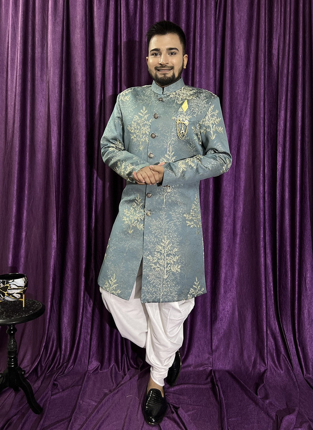 Woven Jacquard Grey Indo Western - M5681