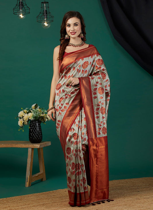 Trendy Saree Woven Grey Banarasi Silk S12456
