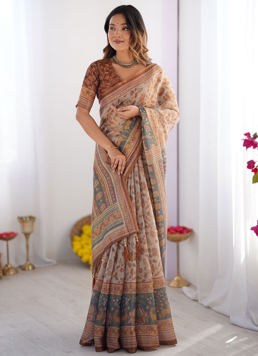 Off White Handloom Cotton Designer Saree Printed S16969