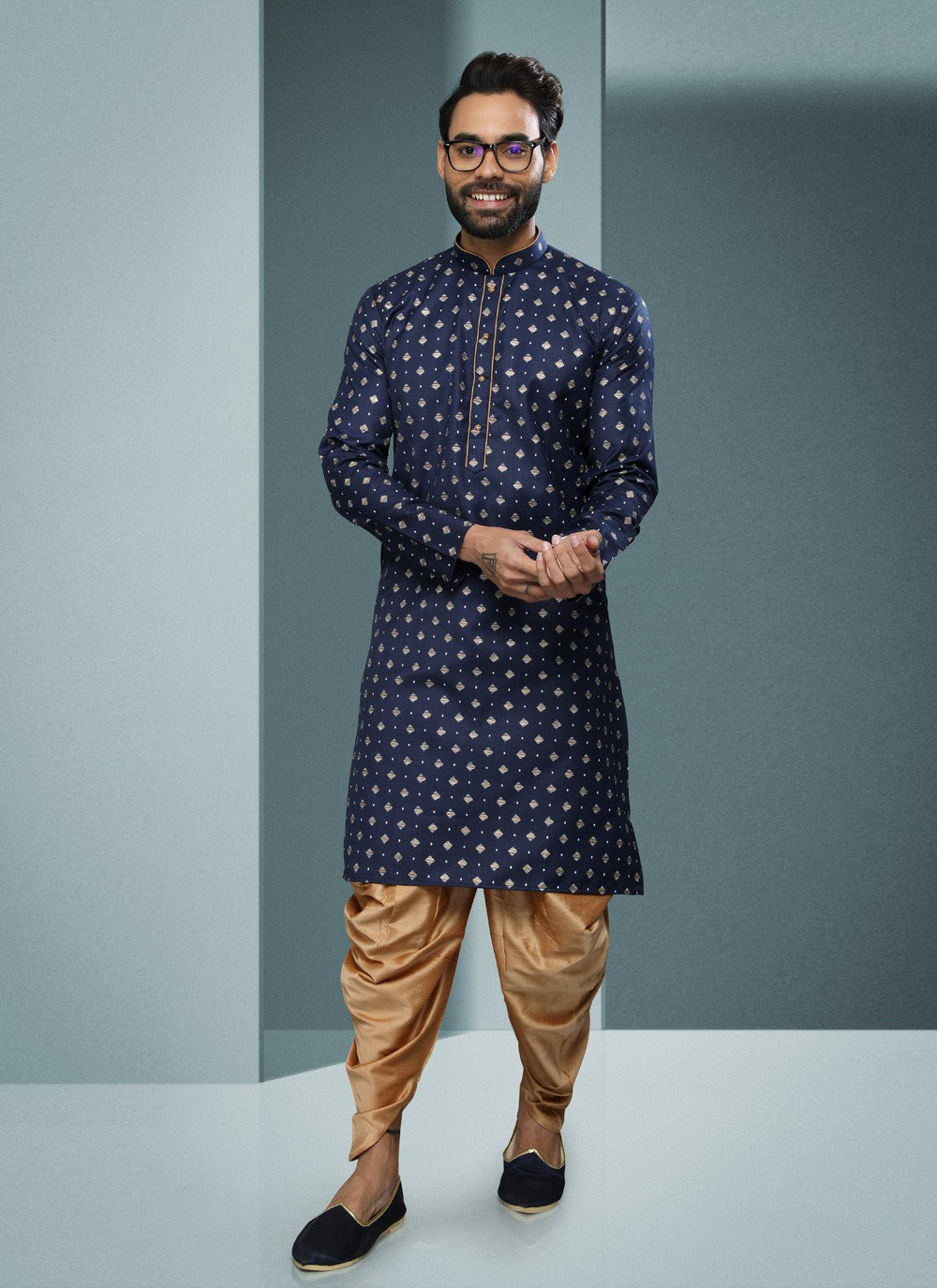 Digital Print Handloom Cotton Blue Dhoti Kurta - M4067