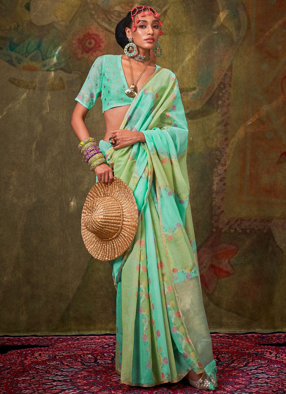 Contemporary Weaving Zari Green, Turquoise Handloom Cotton Saree S13609