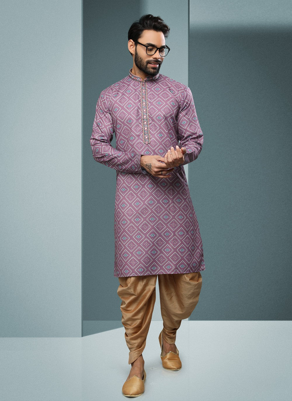 Digital Print Handloom Cotton Mauve Dhoti Kurta - M4071