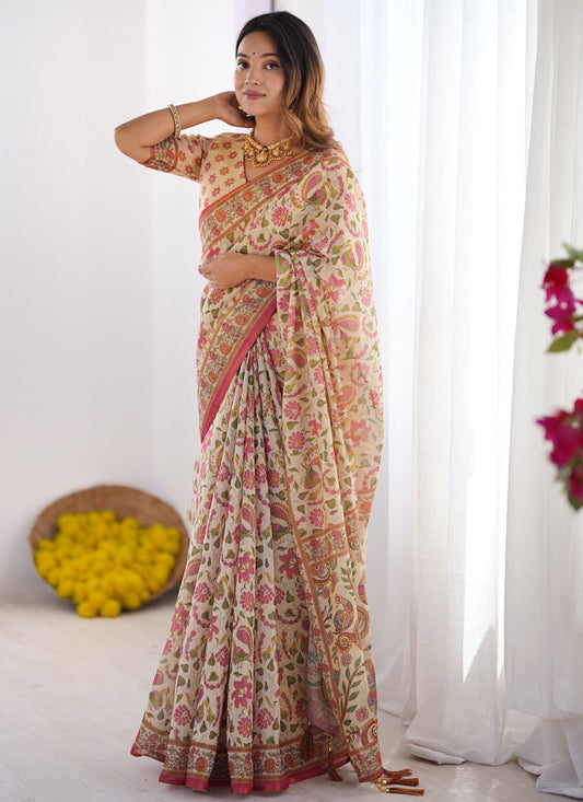 White Handloom Cotton Classic Saree Printed S16977