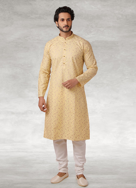 Printed Handloom Cotton Cream Kurta Pyjama - M2686