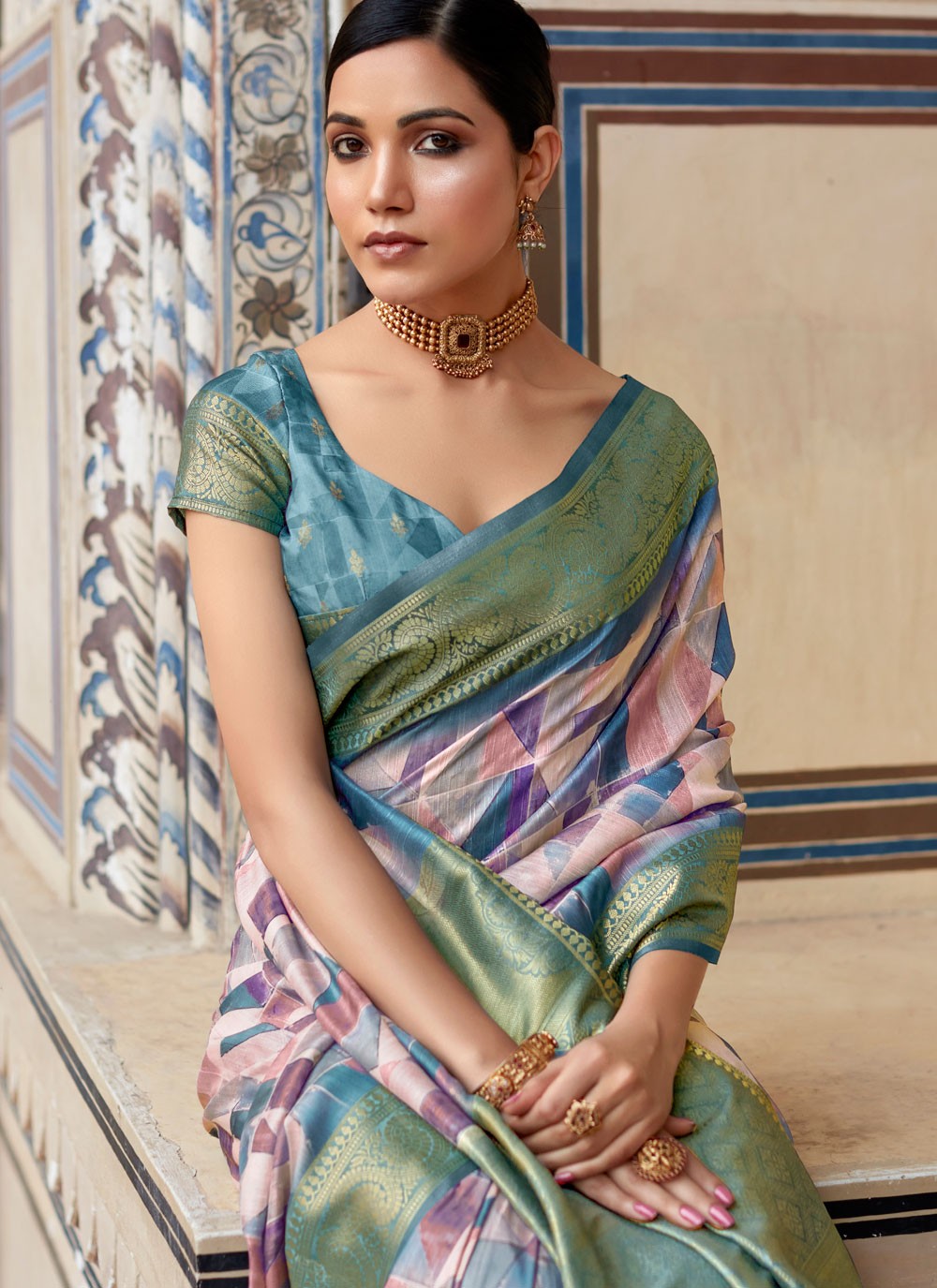 Blue Handloom Silk Designer Saree Abstract Print, Border Work, Zari S15749