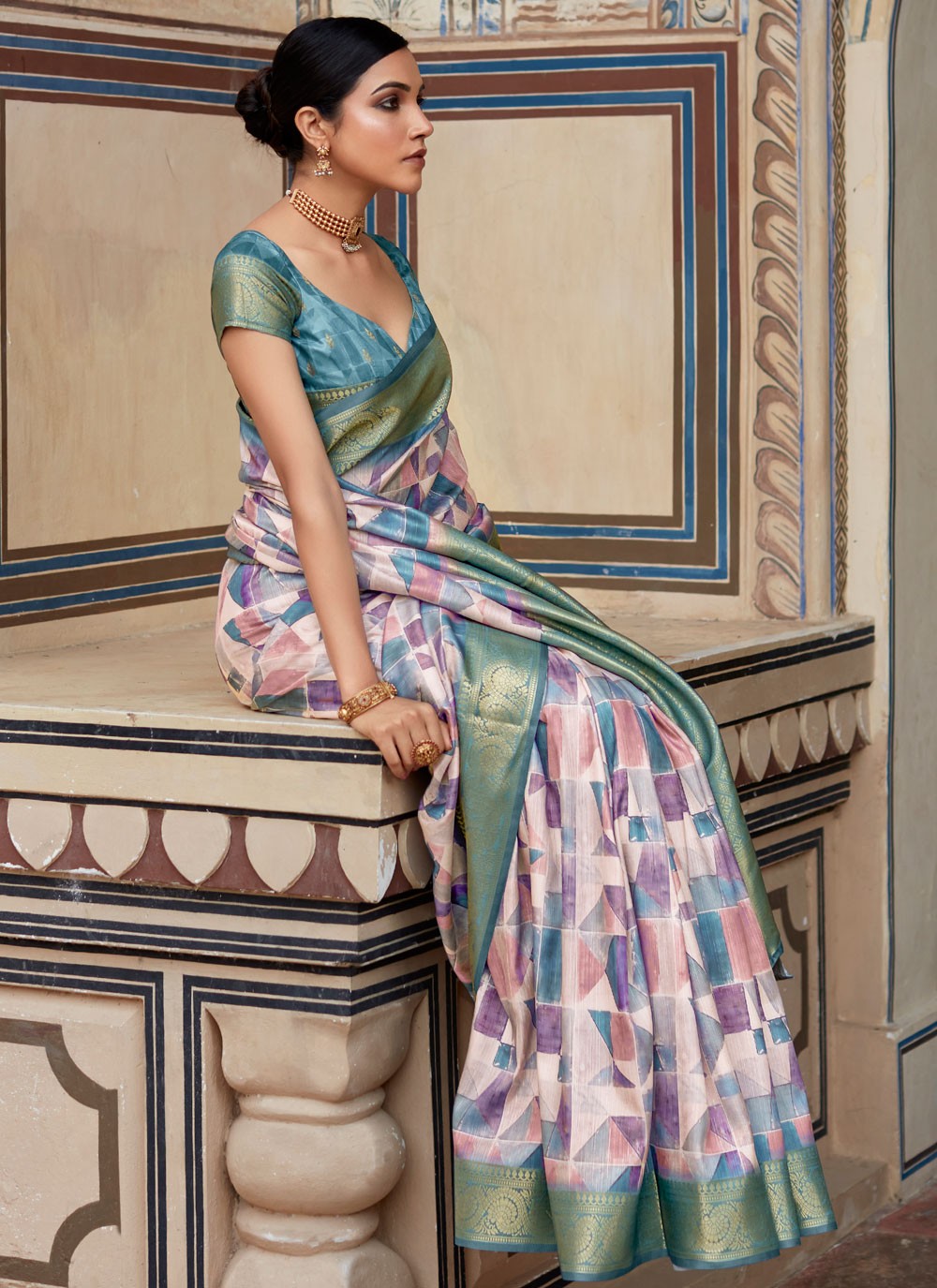 Blue Handloom Silk Designer Saree Abstract Print, Border Work, Zari S15749
