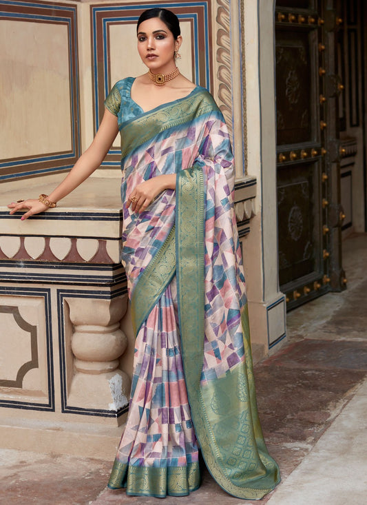 Blue Handloom Silk Designer Saree Abstract Print, Border Work, Zari S15749