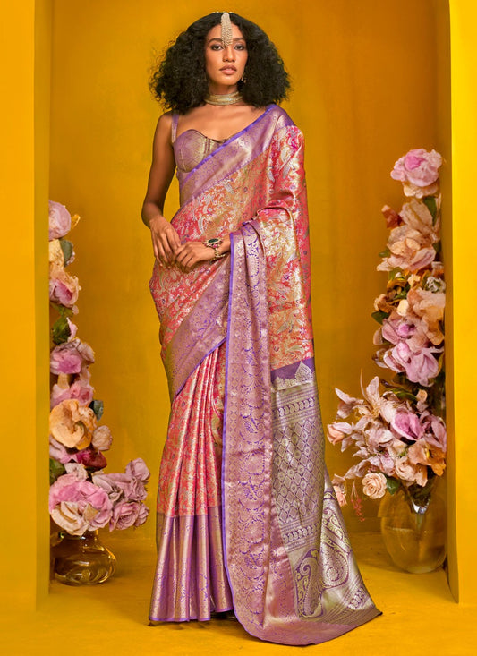 Weaving Zari Handloom Silk Pink Saree S14439