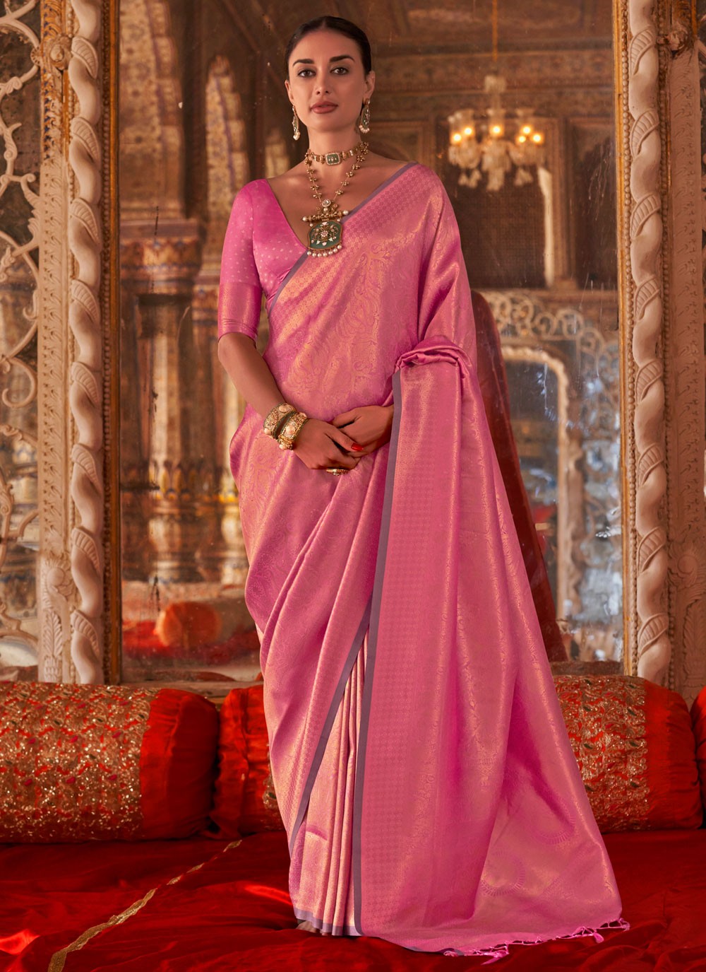 Pink Handloom Silk Traditional Saree Weaving Zari, Zari S16886