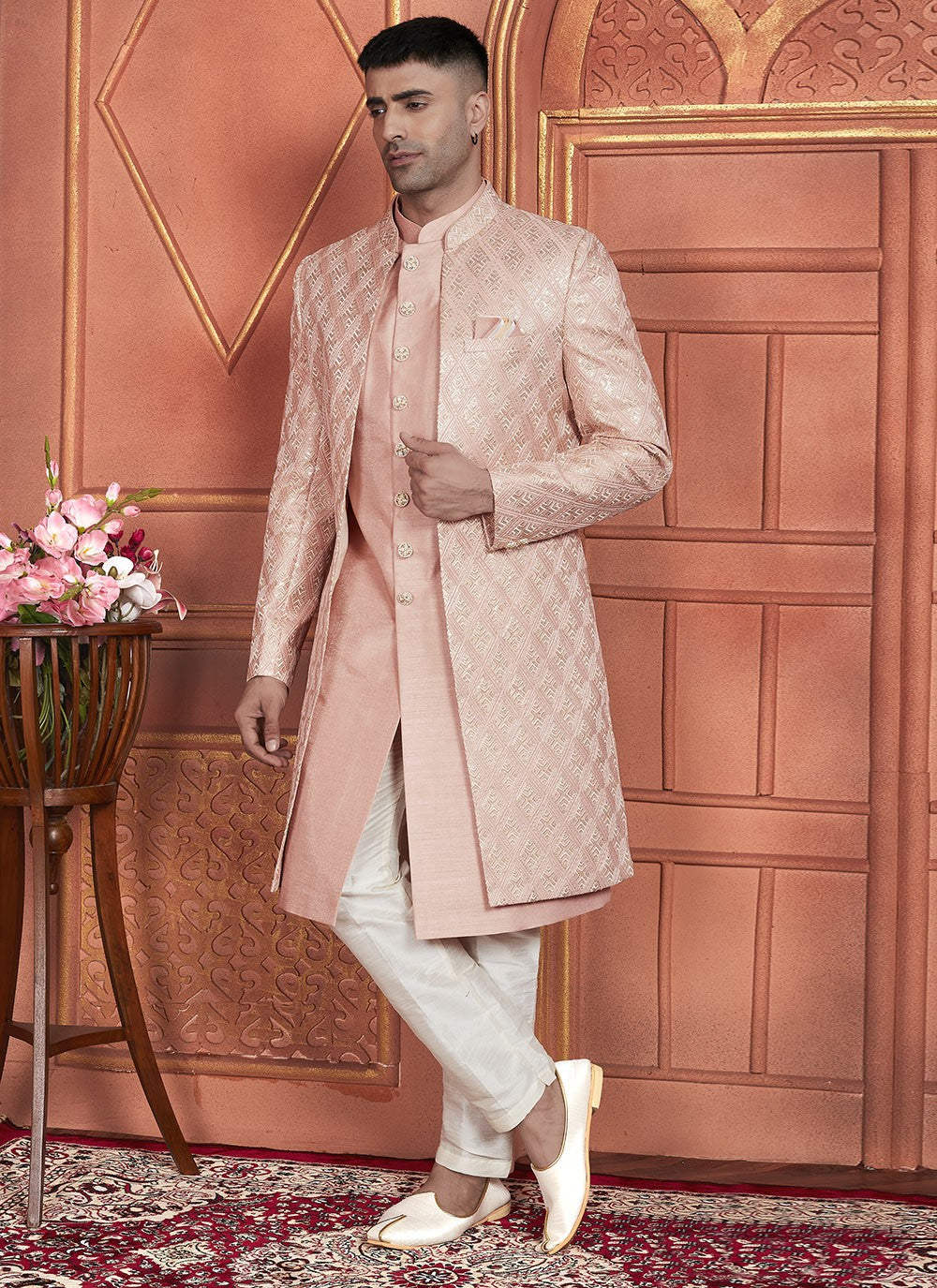Embroidered Art Silk Peach Indo Western - M7354