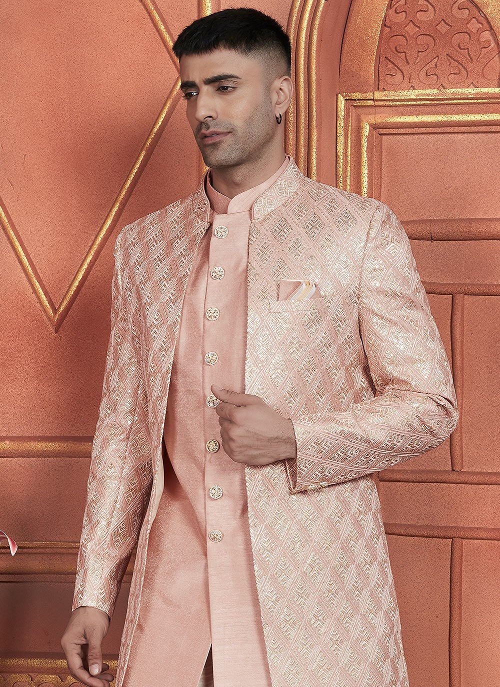 Embroidered Art Silk Peach Indo Western - M7354