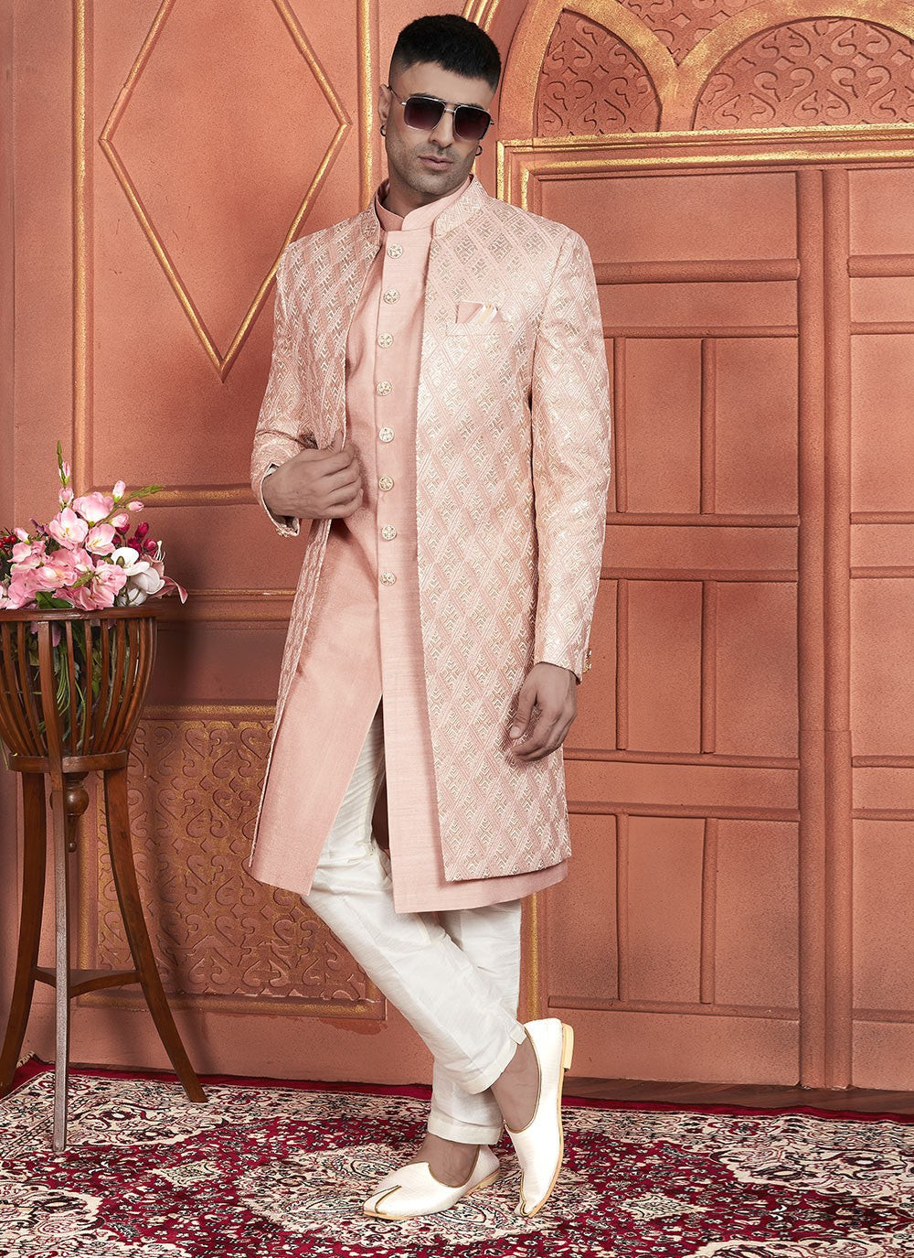 Embroidered Art Silk Peach Indo Western - M7354
