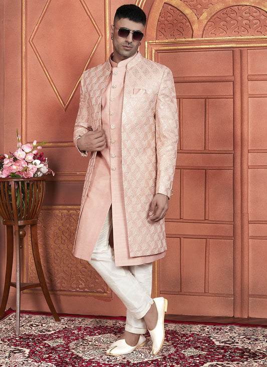 Embroidered Art Silk Peach Indo Western - M7354