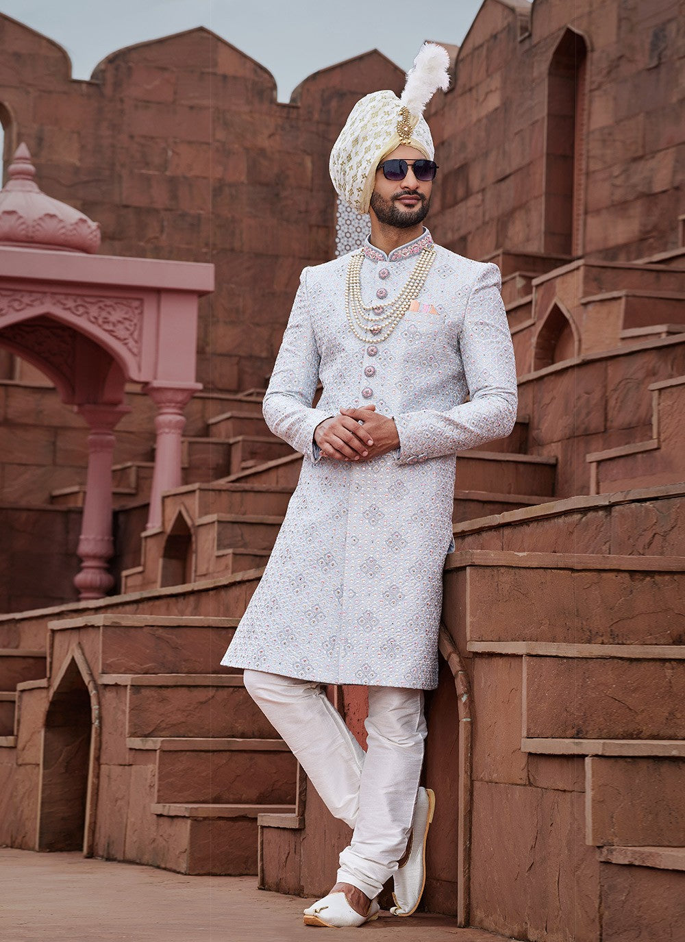 Embroidered Art Silk Blue, Grey Sherwani - M6521