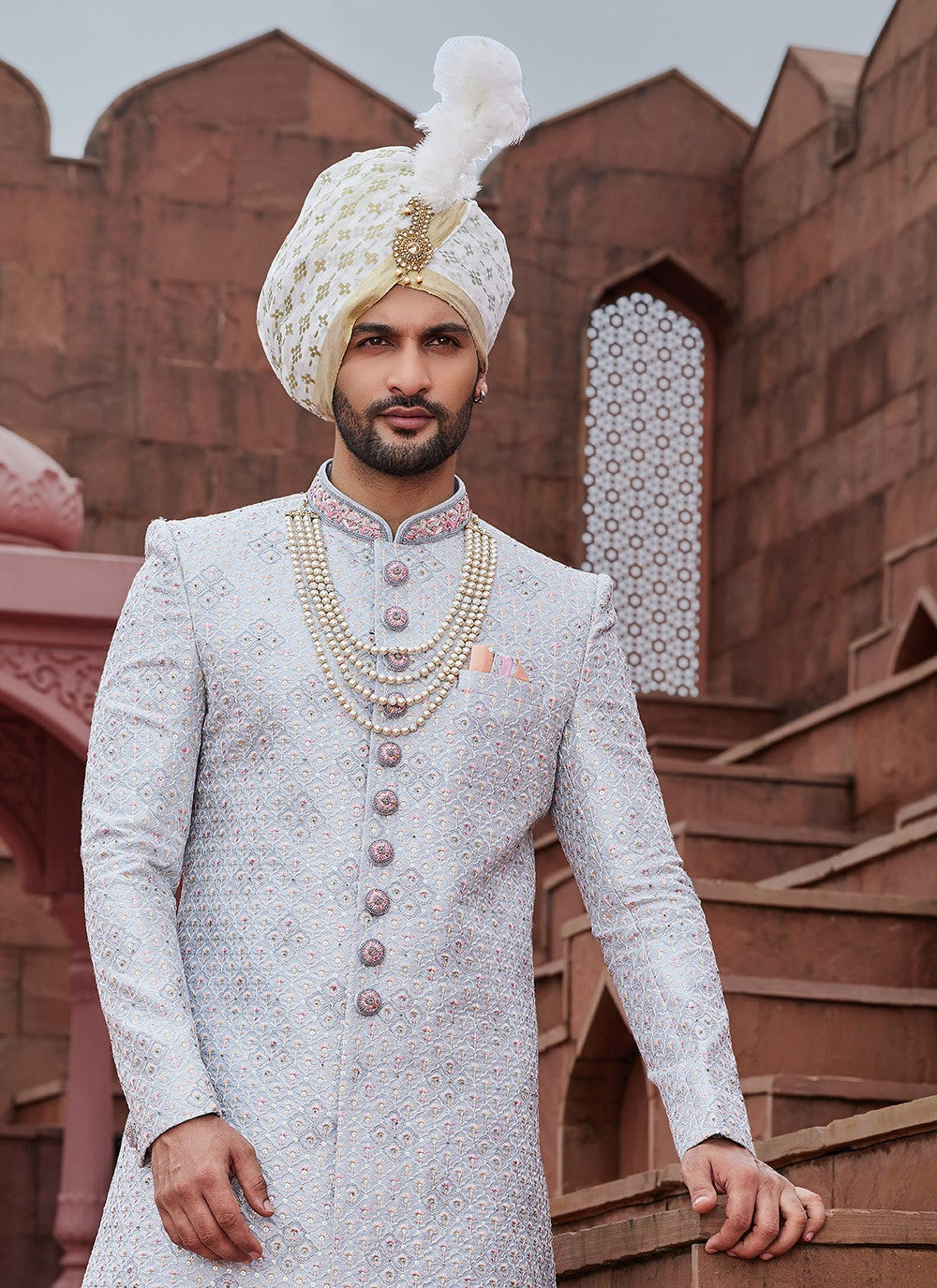 Embroidered Art Silk Blue, Grey Sherwani - M6521