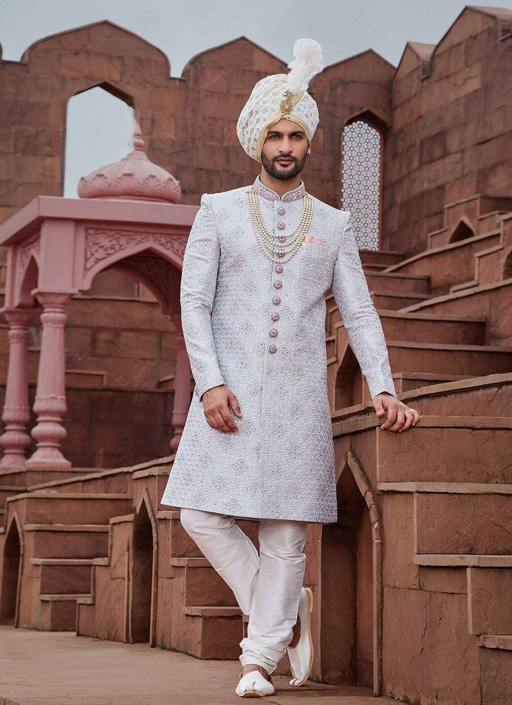 Embroidered Art Silk Blue, Grey Sherwani - M6521