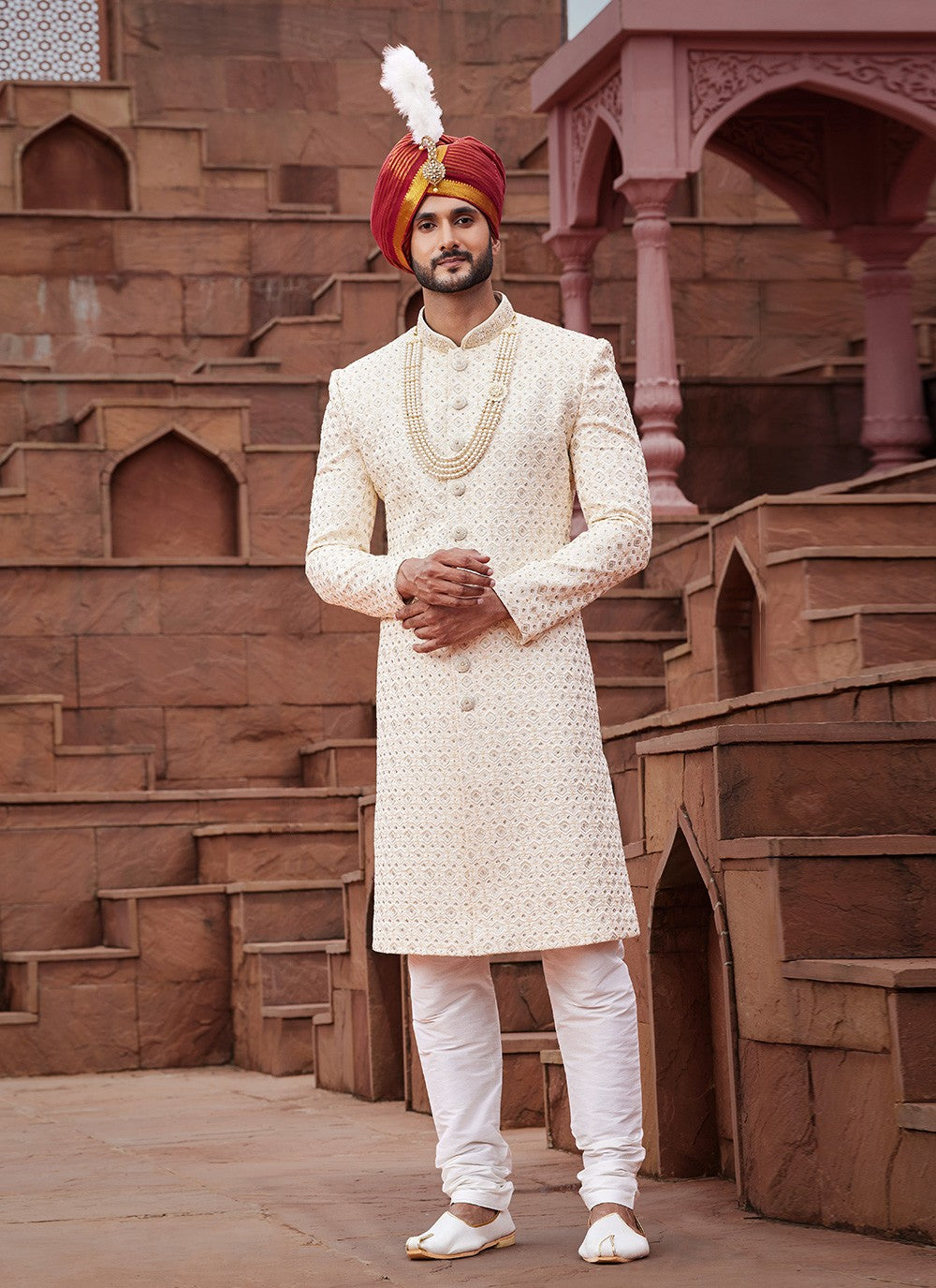 Embroidered Art Silk Cream Sherwani - M6505