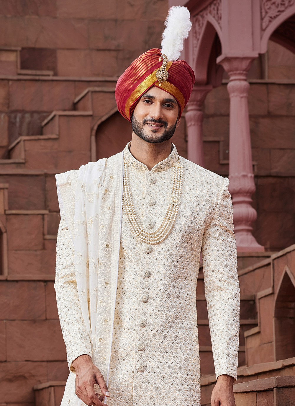 Embroidered Art Silk Cream Sherwani - M6505