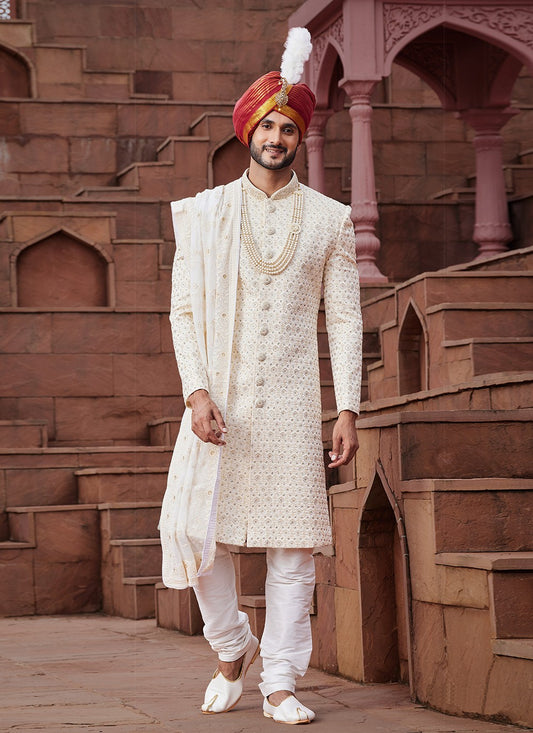 Embroidered Art Silk Cream Sherwani - M6505