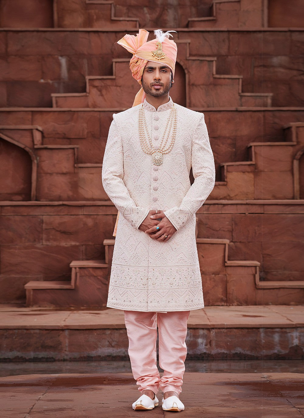 Embroidered Art Silk Cream, Peach Sherwani - M6509