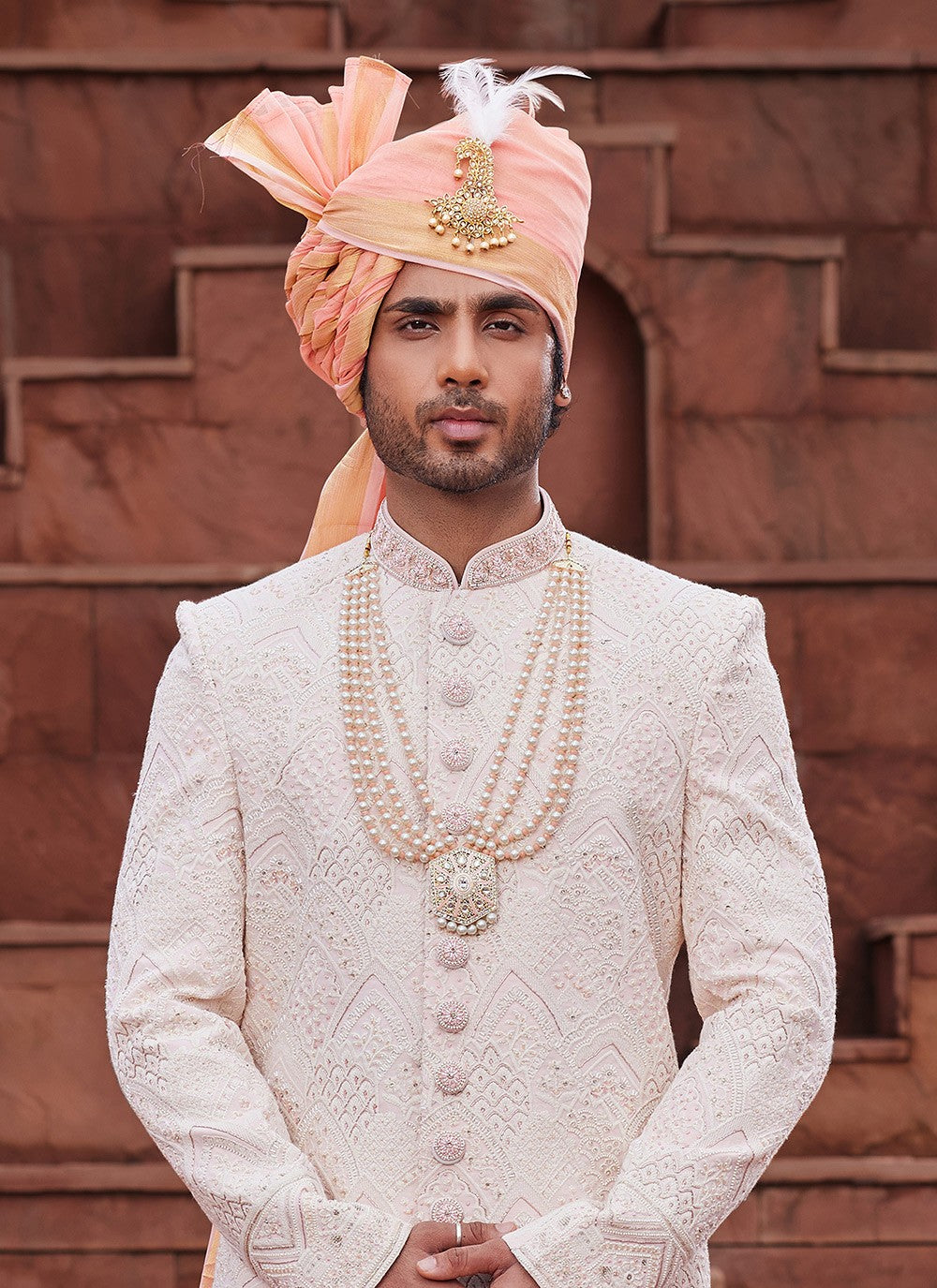 Embroidered Art Silk Cream, Peach Sherwani - M6509