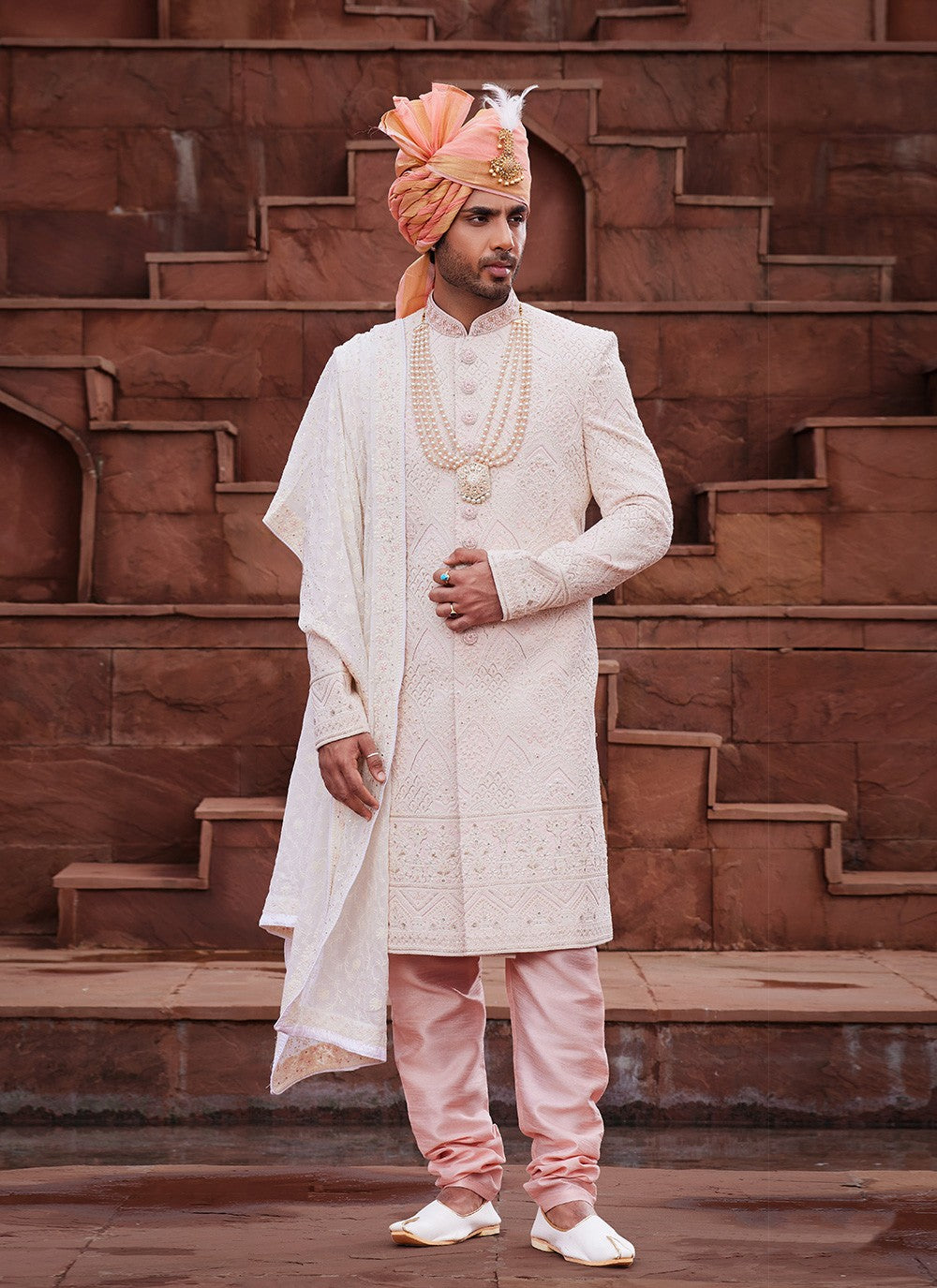 Embroidered Art Silk Cream, Peach Sherwani - M6509