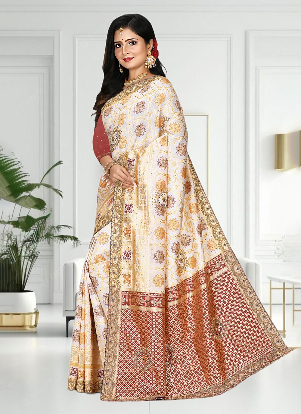 Classic Hand Embroidery Brasso Saree - S4738