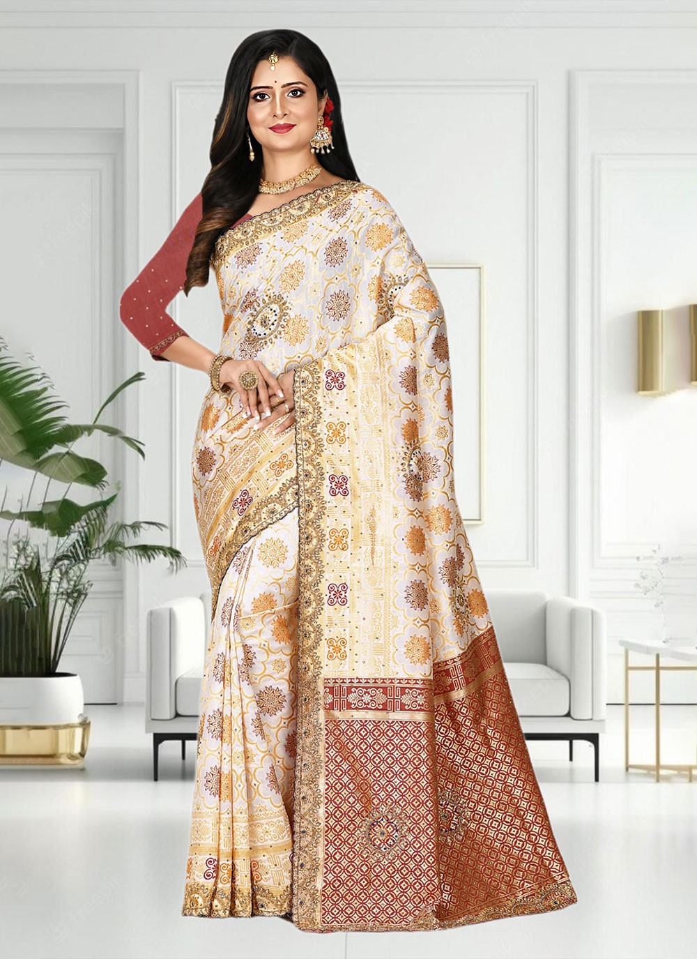 Classic Hand Embroidery Brasso Saree - S4738