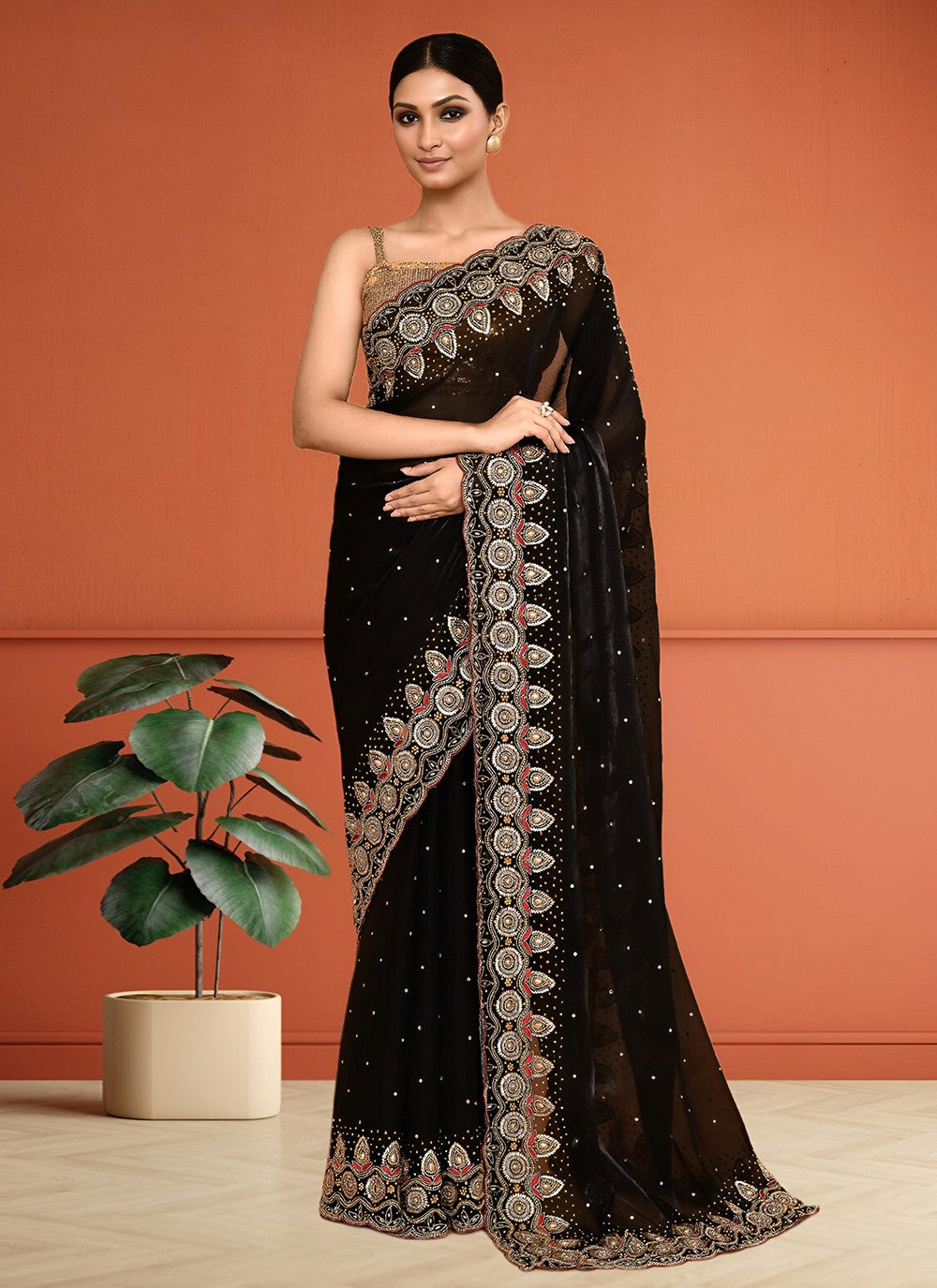 Hand Embroidery Jimmy Chu Black Saree S14274