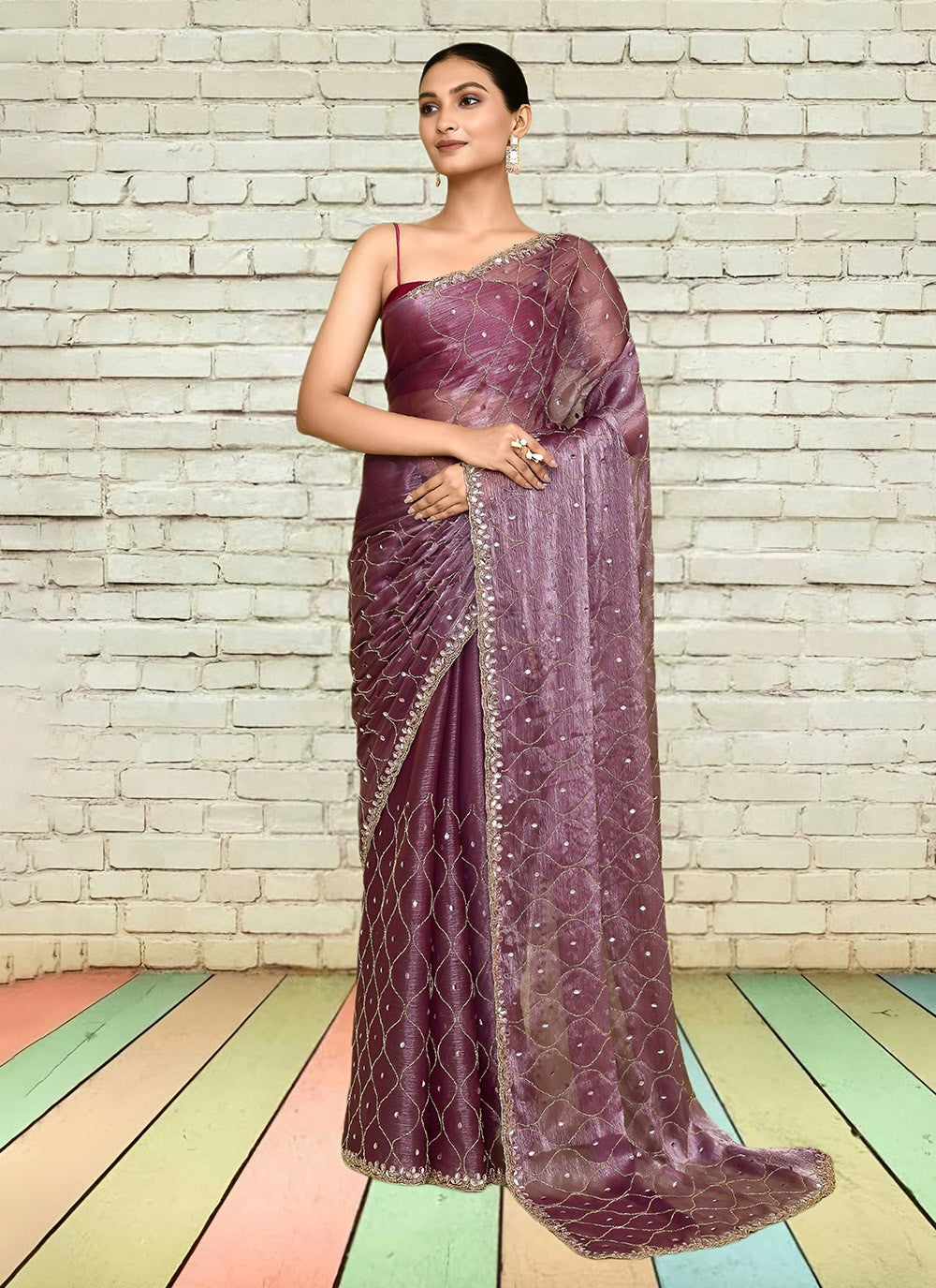 Hand Embroidery Jimmy Chu Purple Saree S14283