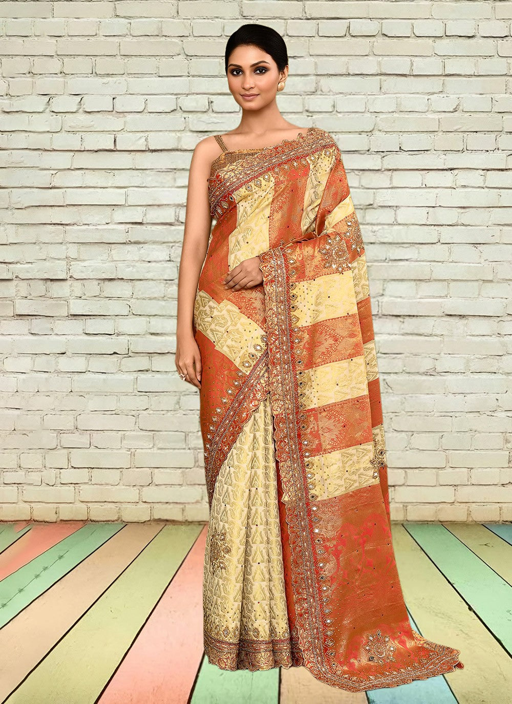 Hand Embroidery Kanjivaram Silk Cream Saree S14262