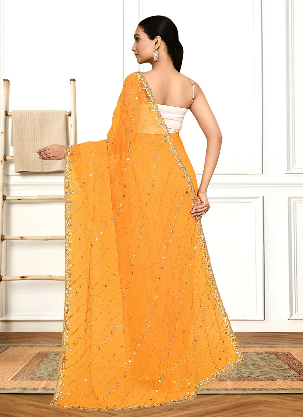Hand Embroidery Georgette Mustard Saree S14289