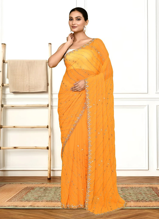 Hand Embroidery Georgette Mustard Saree S14289