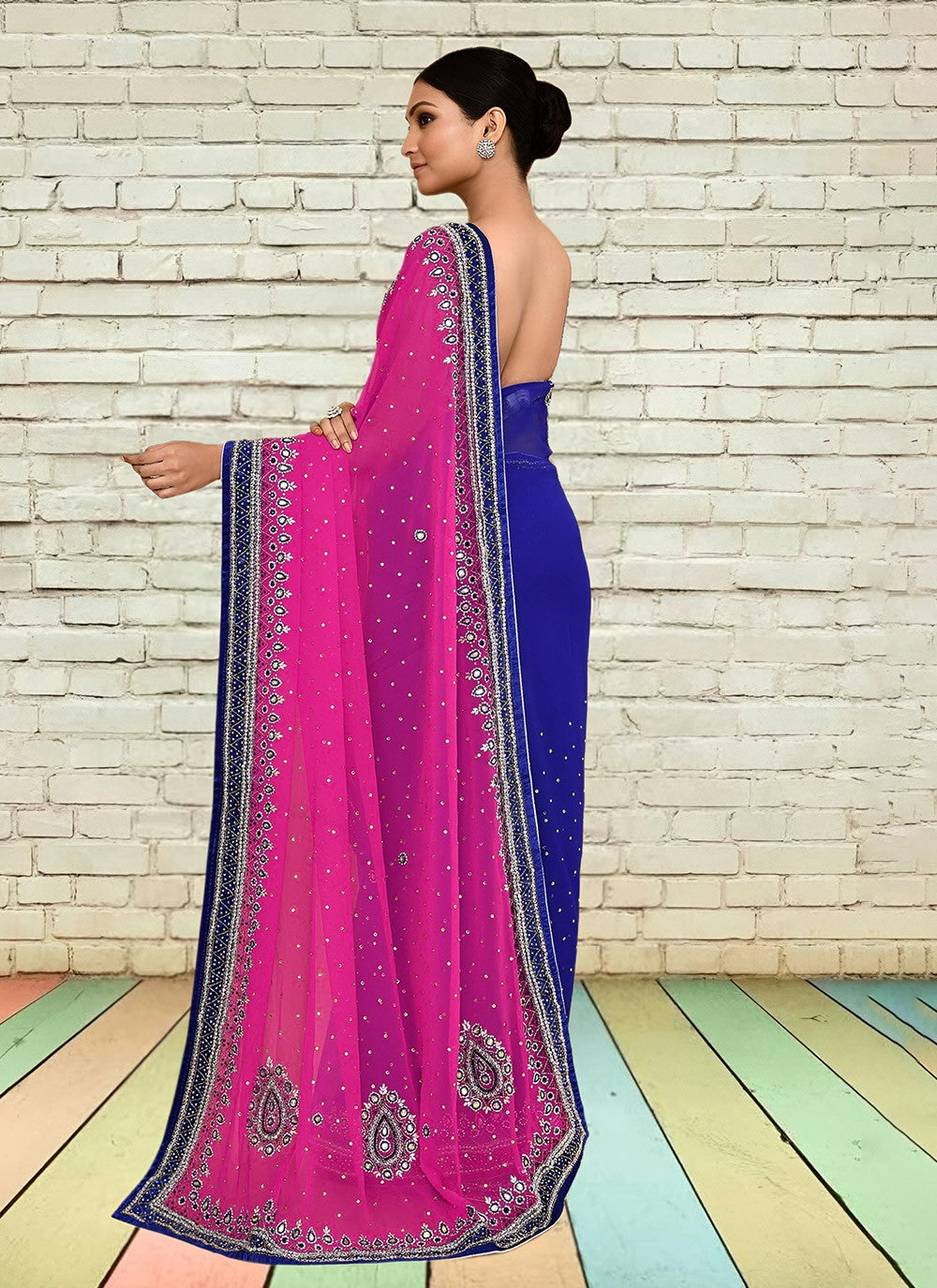 Hand Embroidery Georgette Navy Blue Saree S14268