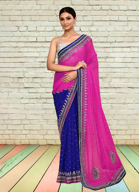 Hand Embroidery Georgette Navy Blue Saree S14268