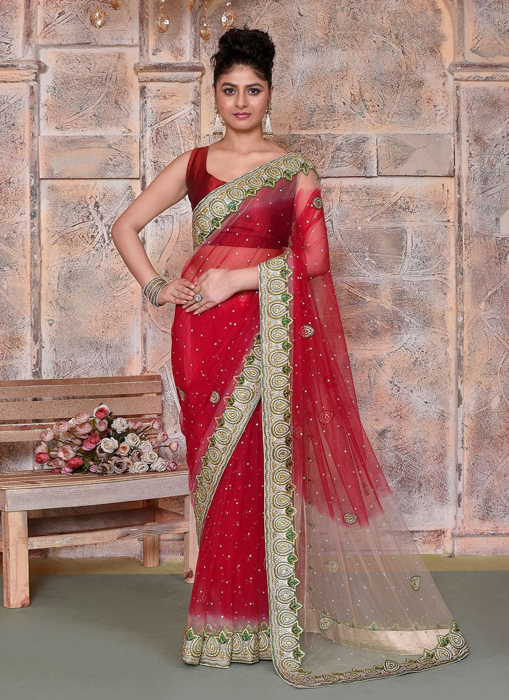 Hand Embroidery Net Red Saree S14361