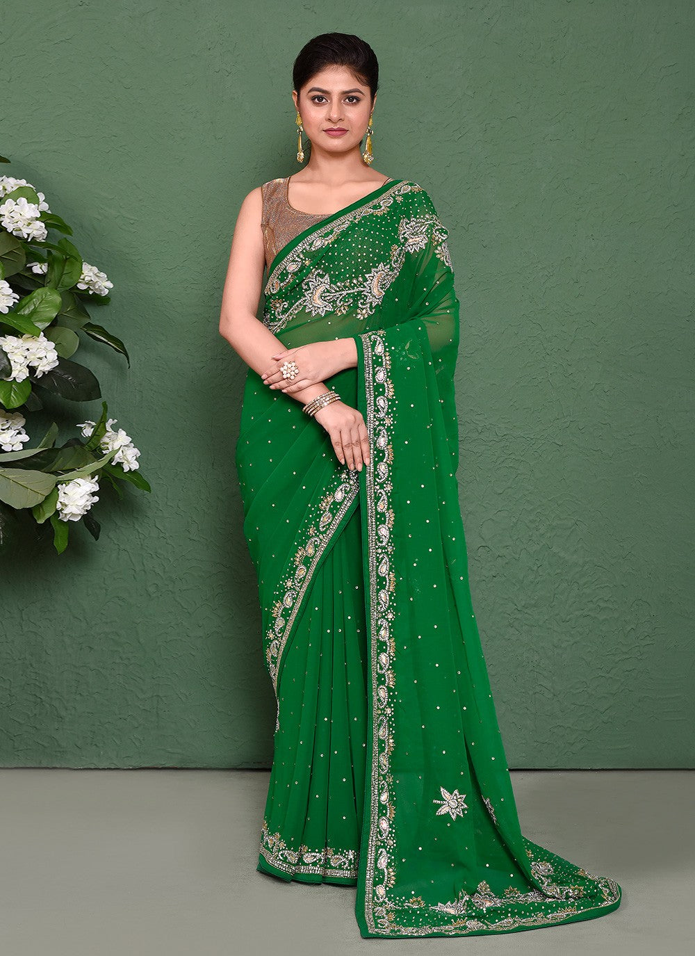 Hand Embroidery Georgette Green Saree S14364