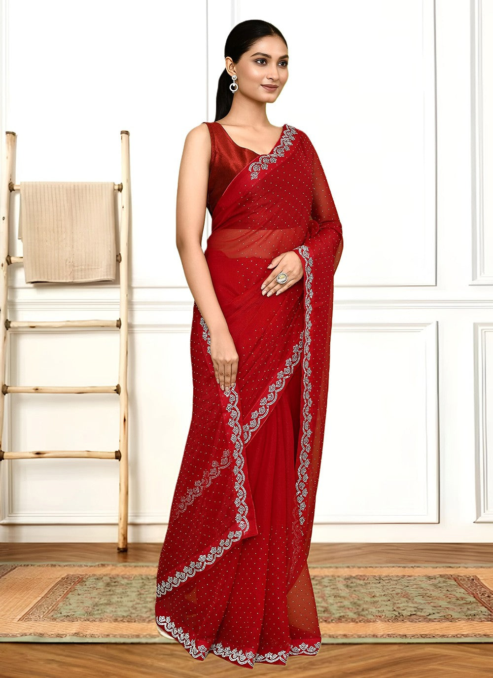 Hand Embroidery Georgette Red Saree S14290