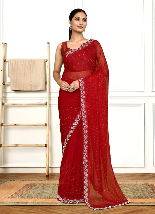 Hand Embroidery Georgette Red Saree S14290