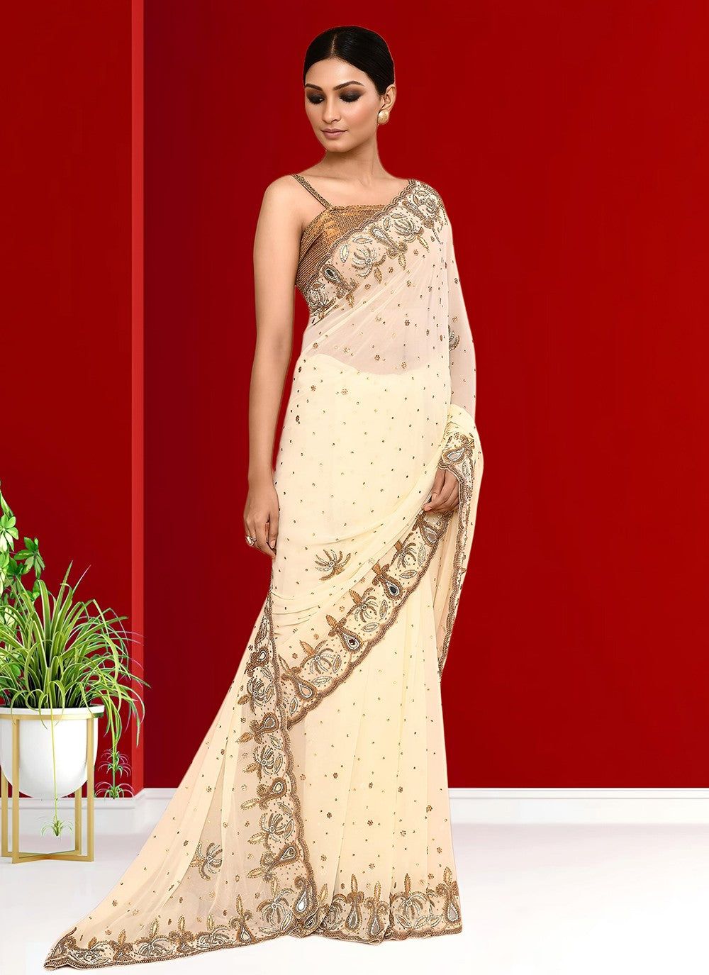 Hand Embroidery Georgette Cream Saree S14263