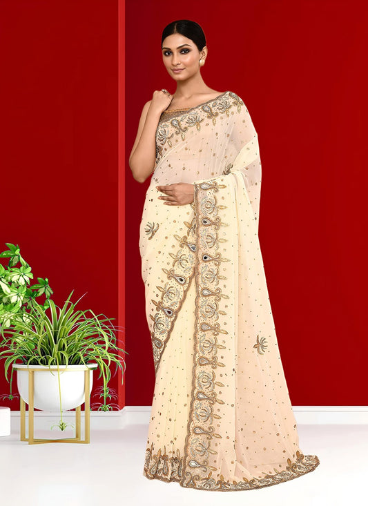 Hand Embroidery Georgette Cream Saree S14263