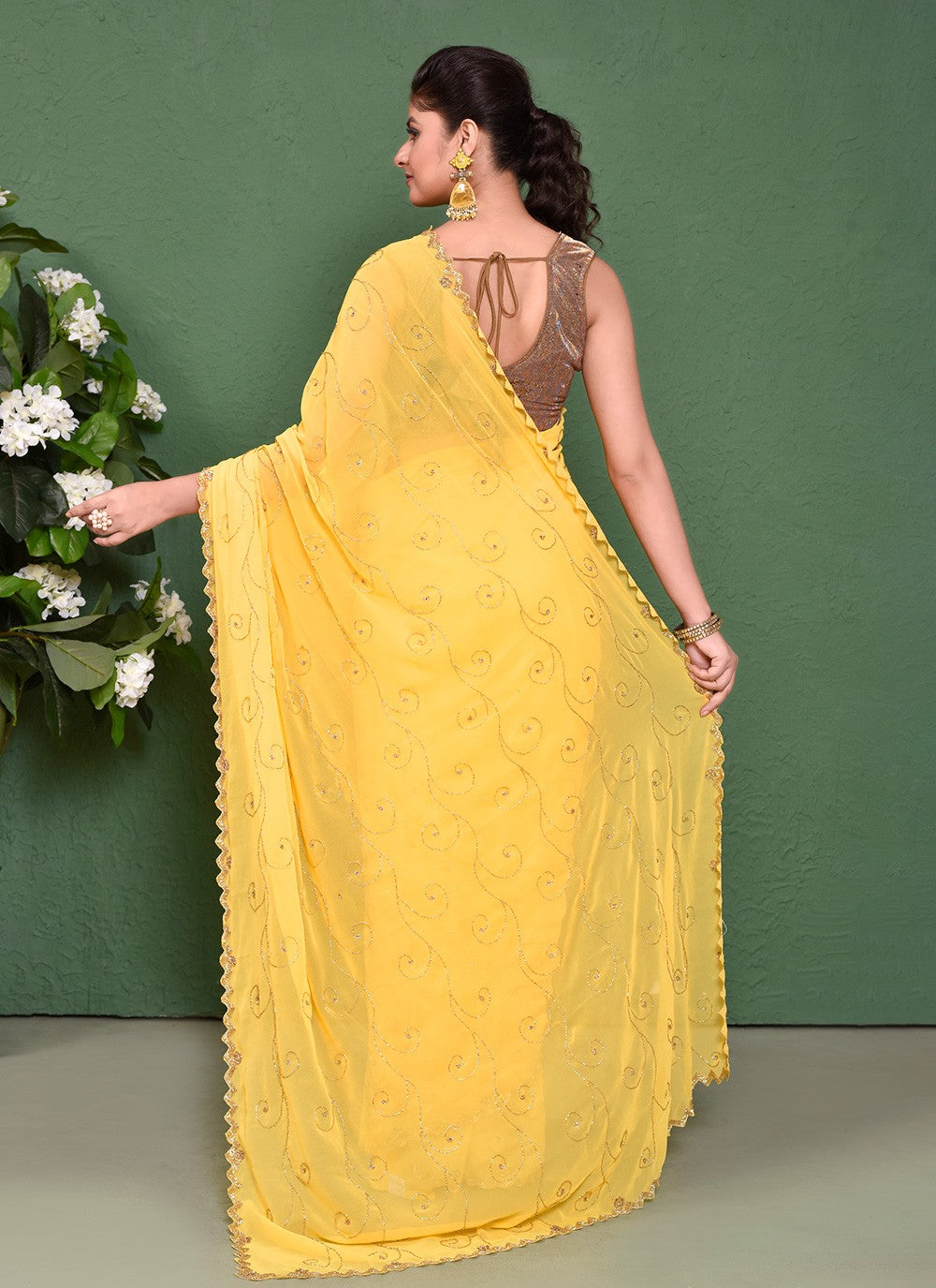 Hand Embroidery Georgette Yellow Saree S14328