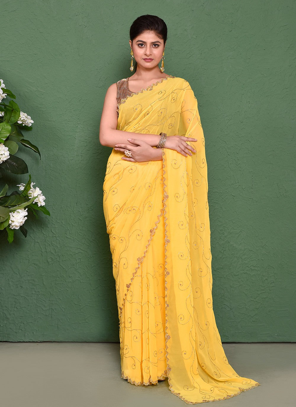 Hand Embroidery Georgette Yellow Saree S14328